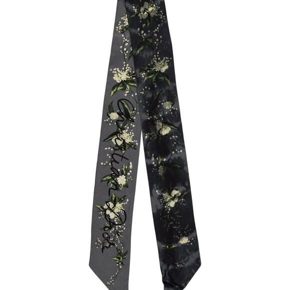 Christian Dior Mitzah Gray Floral Blue Silk Scarf Twilly - Picture 1 of 10